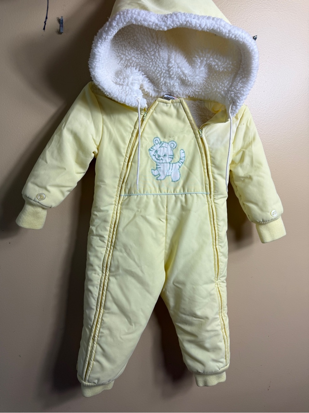 Vintage Tiger Embroidered Baby Snowsuit yellow. 24 months